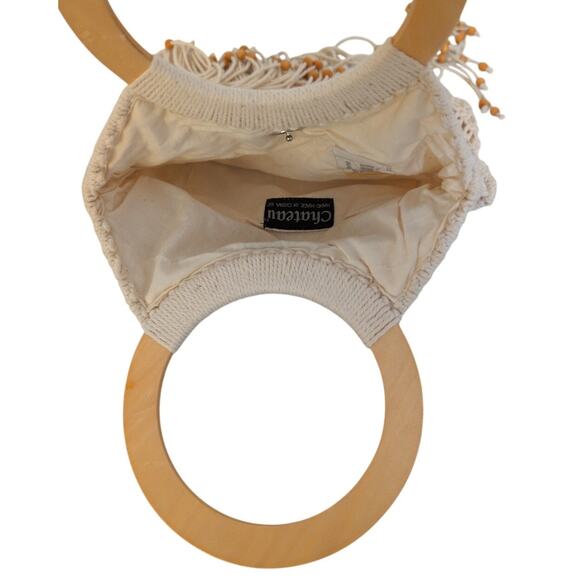 Vintage 70s Beaded Macrame Handbag Small Fringe Boho Hippie Festival Purse 10x10 - Picture 4 of 5